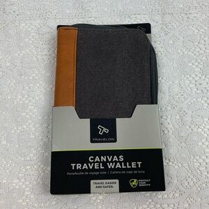Travelon Canvas Travel Wallet RFID Zip Around Gray brown Slip zip pockets NWT